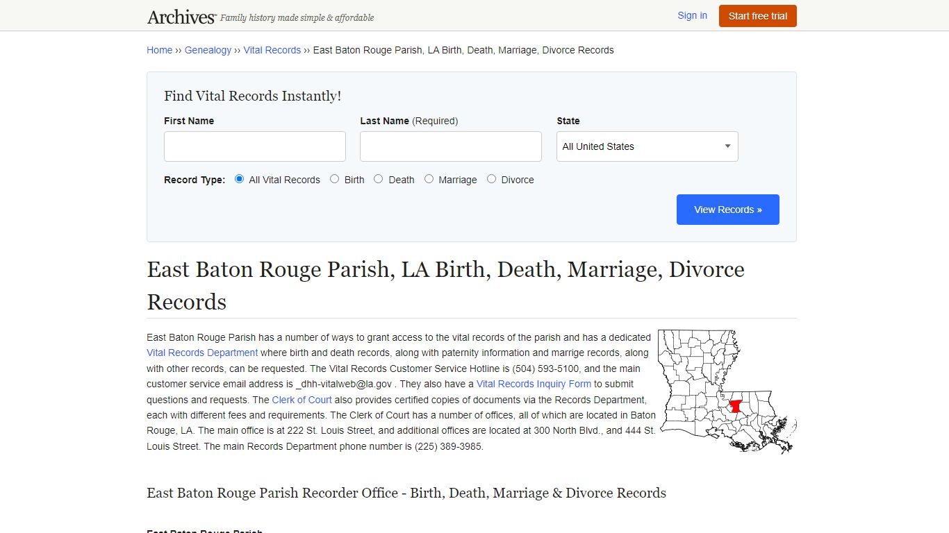 East Baton Rouge Parish, LA Birth, Death, Marriage, Divorce Records